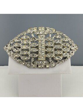 Vintage Rhinestone Art Deco Brooch Silver Tone Geometric Statement 2.5” READ